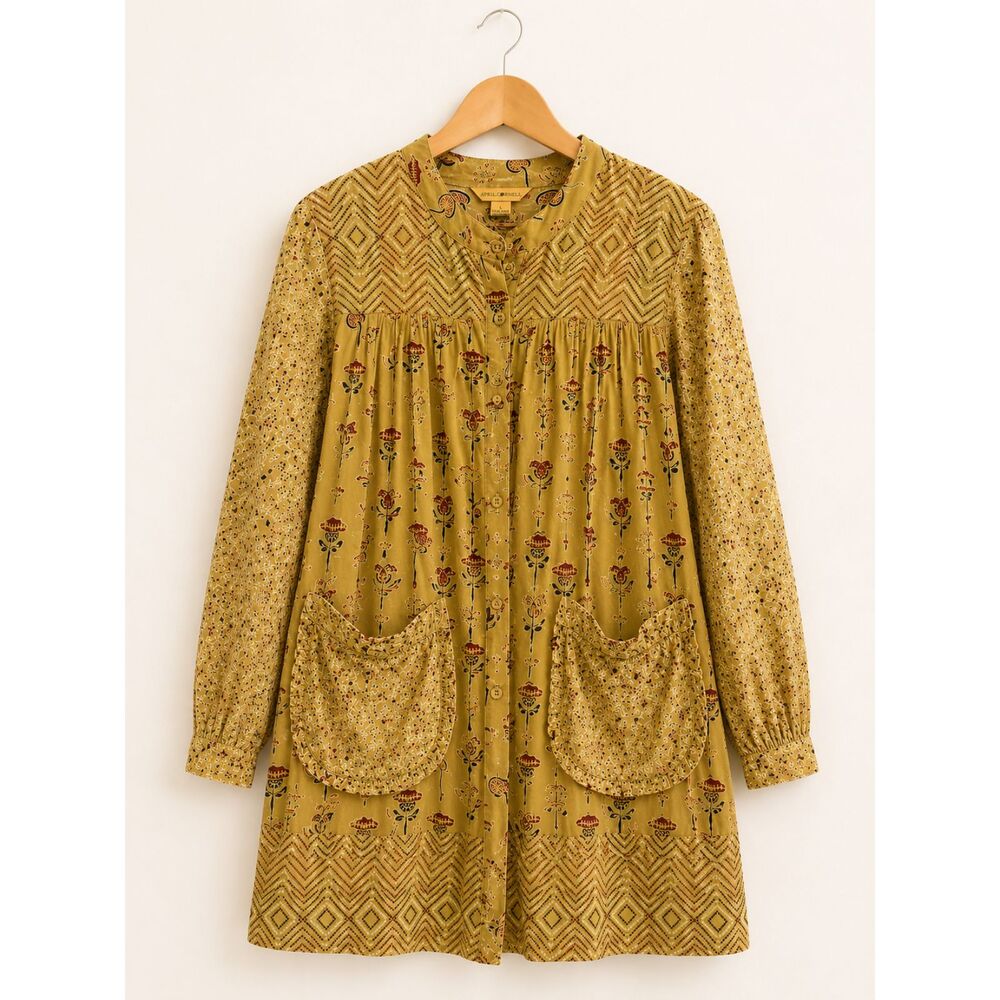 April Cornell Large Mustard Floral Boho Tunic Top Button Front Pockets